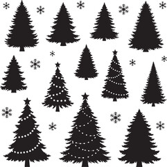Obraz premium Vector art of collection of christmas tree silhouettes includes various shapes and sizes, some decorated with lights and stars, perfect for holiday designs and festive decorations