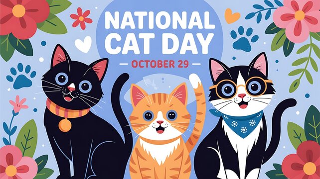 Happy national cat day illustration with three cute pixel art cats, flowers, and paw prints celebrating october 29th