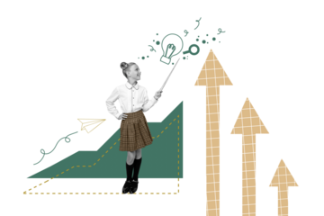 Composite photo collage of happy schoolgirl hold pointer show arrow progress light bulb idea success learn isolated on painted background