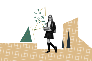 Composite collage picture image of schoolgirl study math carry books school shopping billboard comics zine minimal