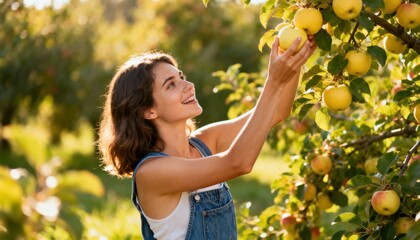 Joyful young farmer woman picking fresh ripe golden apples in a sunny orchard. Concept of autumn harvest, agritourism, organic food, healthy lifestyle, and sustainable farming.