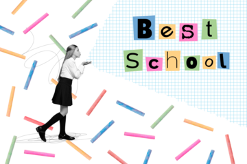 Composite photo collage of cute blonde girl send air kiss best school colorful chalk education study isolated on painted background