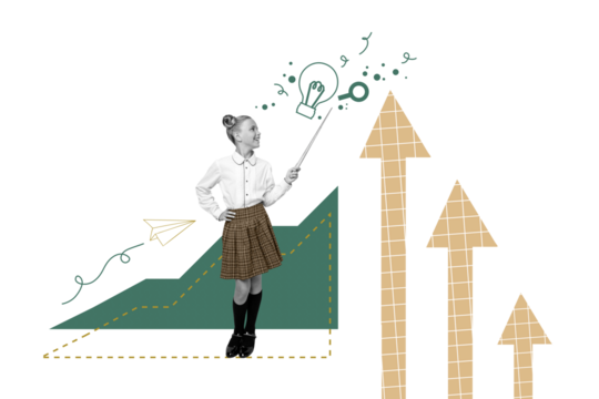 Composite photo collage of happy schoolgirl hold pointer show arrow progress light bulb idea success learn isolated on painted background