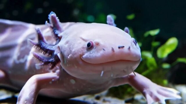 Unique Pink Axolotl with Feathery Gills in a Freshwater Aquarium