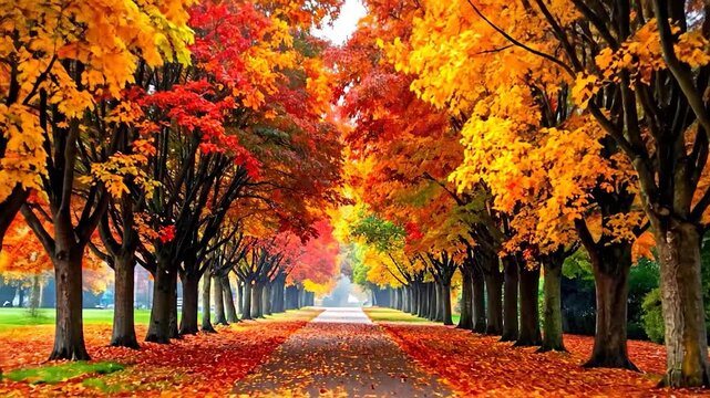 Autumn avenue bordered by trees displaying a fiery canopy of orange, red, and yellow leaves. Path covered in fallen foliage