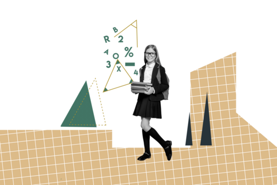Composite collage picture image of schoolgirl study math carry books school shopping billboard comics zine minimal