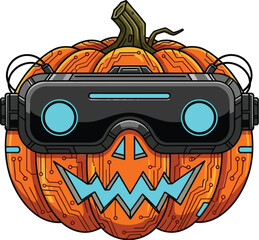 Vector art of halloween pumpkin wearing vr goggles