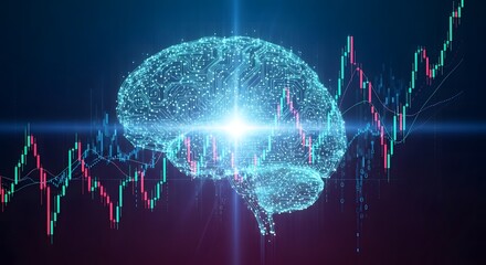 Digital brain hologram visualizing financial data with candlestick charts for futuristic fintech and investment concepts