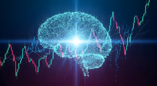 Digital brain hologram visualizing financial data with candlestick charts for futuristic fintech and investment concepts - Powered by Adobe