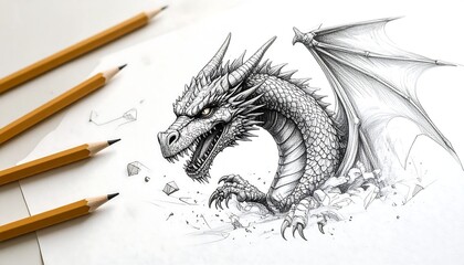 Detailed dragon illustration with sharp lines and shading created using pencils on textured paper