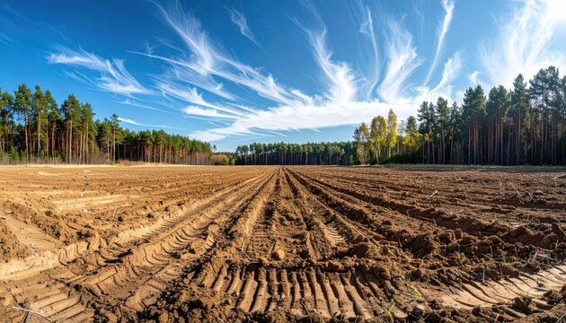 Expansive cleared field with deep tire tracks and surrounding forest under a dynamic sky.