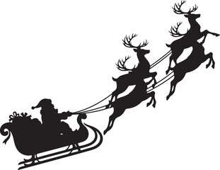 Vector art of silhouette of santa claus riding in his sleigh being pulled by four reindeer, a festive christmas image perfect for holiday cards, decorations, and seasonal designs