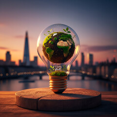 Sustainable Energy Concept &mdash; Lightbulb Containing a Miniature Earth Made of Moss and Soil Against London Skyline at Sunset
