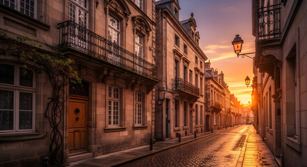 Fototapeta premium Cobblestone street in dinan, france at sunset with warm light and shadows