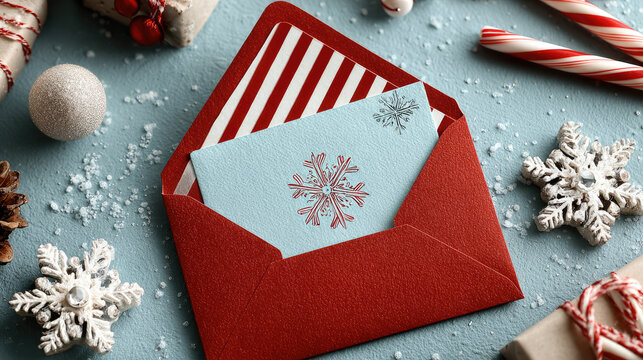 Christmas greeting card mockup inside a red envelope with gift, candy cane, pine cone, snowflake and fir branch resting on light blue background with copy space