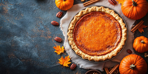 Top view of homemade pumpkin pie on linen cloth surrounded by mini pumpkins, maple leaves, pecans and cinnamon sticks, cozy autumn kitchen atmosphere