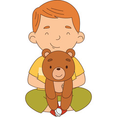Smiling young boy with short orange hair wearing a yellow t-shirt and green pants sits cross-legged holding a brown teddy bear on a transparent background