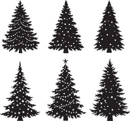 Fototapeta premium Vector art of a collection of six christmas trees, , each rendered as a silhouette and adorned with lights and garlands, offering a variety of festive designs for the holiday season