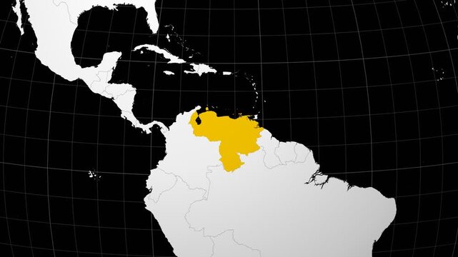 Venezuela map. Animated zoom into the country on the Globe in Black White color palette. Country logo animation. Map with meridians, parallels. Captivating video.