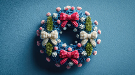 Festive Christmas wreath combining traditional decorations—red bow, berries and evergreen foliage - with stylized coronavirus particles, reflecting holiday season during the pandemic