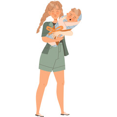 Smiling Woman Holding a Baby Wrapped in a Blue Blanket Wearing Green Shorts and Jacket and a Blue Shirt on a Transparent White Background