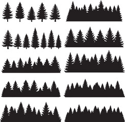 Vector art of silhouette of coniferous forest collection of different fir and pine trees vector illustration of woodland landscape perfect for nature, travel, and outdoor designs