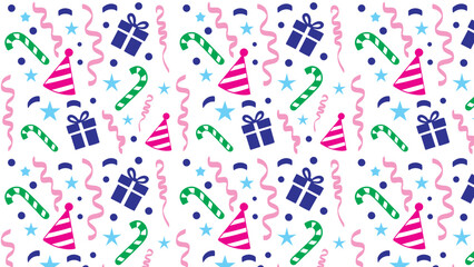 Colourful festive pattern with confetti and fireworks. seamless celebration background for party events, holidays, birthdays, and joyful occasions, perfect for wrapping paper or invitations