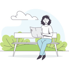 Smiling Woman Sitting on Park Bench Reading Newspaper Surrounded by Green Bushes and Blue Sky with Fluffy Cloud