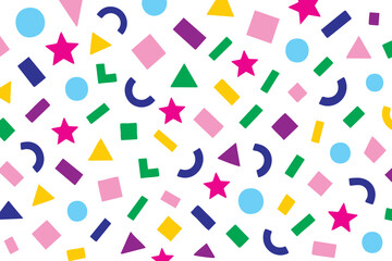 Abstract geometric confetti seamless pattern. Colourful confetti shapes for party celebration and festive events. modern background with playful shapes, circles, triangles, and curves. Vector 