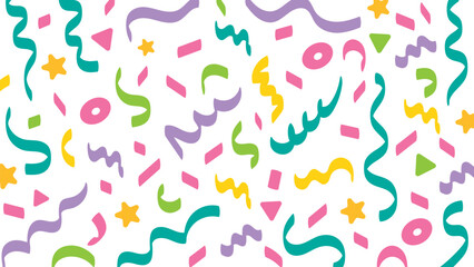 Abstract geometric confetti seamless pattern. Colourful confetti shapes for party celebration and festive events. modern background with playful shapes, circles, triangles, and curves. Vector 
