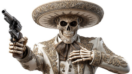 Obraz premium Skeleton charro holding a pistol to his chest in a realistic style with dramatic lighting