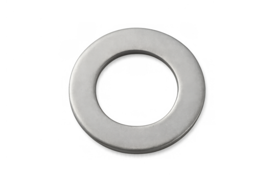 Steel flat washer hardware element for industrial fastening and mechanical engineering applications, transparent background