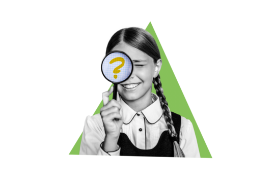 Composite photo collage of happy schoolgirl wink eye look magnifier glass research school lesson education isolated on painted background