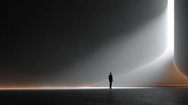 A lone figure stands before a bright, illuminated doorway leading to a flight of stairs