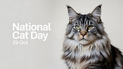 National cat day on october 29th, featuring a majestic maine coon cat with striking green eyes and a fluffy mane, set against a neutral background