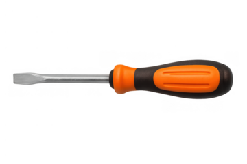 Flathead screwdriver with orange and black handle, essential tool for repair, maintenance, and construction work, transparent background