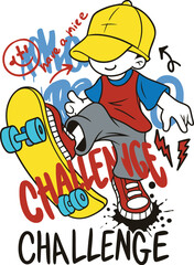 Obraz premium Cartoon boy in yellow cap skateboarding with text challenge and graffiti elements Keywords: boy, skateboarding, skateboard, challenge, text, graffiti