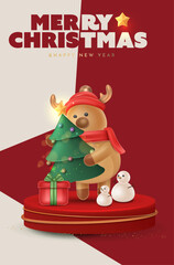 Cute festive reindeer  hugging a Christmas tree surrounded by presents and snowmen against elegant red and beige background. Christmas Poster Design Vector Illustration 