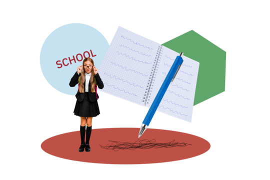 Composite photo collage of astonished blonde schoolgirl notepad pen diary notes education supplies school isolated on painted background