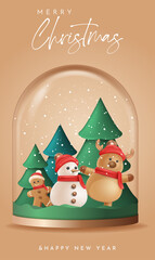 Magical snow globe scene showing Santa, snowman, and Christmas trees inside a soft beige holiday ornament design. Christmas Poster Design Vector Illustration 