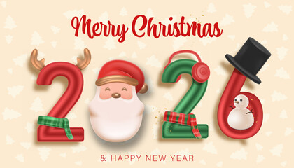 Festive Merry Christmas 2026 greeting featuring Santa, reindeer horns, and snowman forming creative numbers with holiday cheer. Greeting Card of Merry Christmas and Happy New Year Vector Illustration 