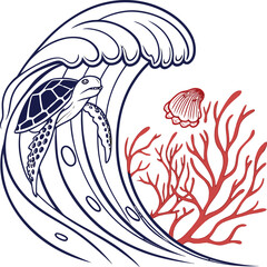 Naklejka premium Illustration of a sea turtle swimming under a large wave with coral and a shell in the background art