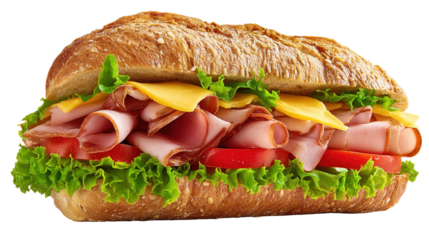 Ciabatta sandwich with lettuce, tomatoes prosciutto and cheese isolated on white background