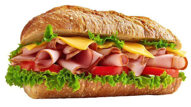Ciabatta sandwich with lettuce, tomatoes prosciutto and cheese isolated on white background