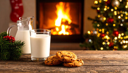 A glass of milk with chocolate chip cookies lay on well furnished wooden table with fire furnace as background for Christmas tradition
