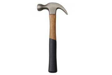 Claw hammer with wooden handle and textured rubber grip, construction hand tool for carpentry and repair work