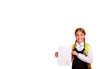 Composite photo collage of happy cute schoolgirl show paper sheet excellent mark exam best pupil education isolated on painted background