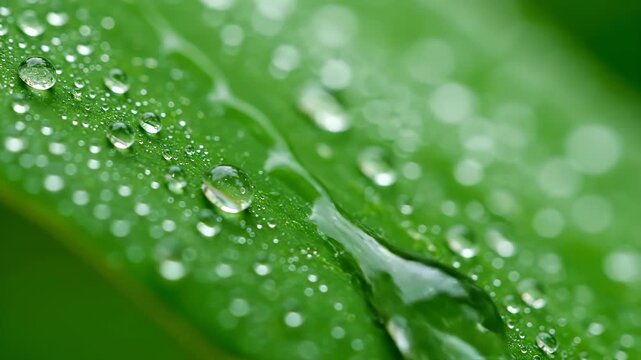 Closeup of fresh green leaf surface covered with numerous clear water droplets after rain, showcasing natures purity and freshness vector illustration