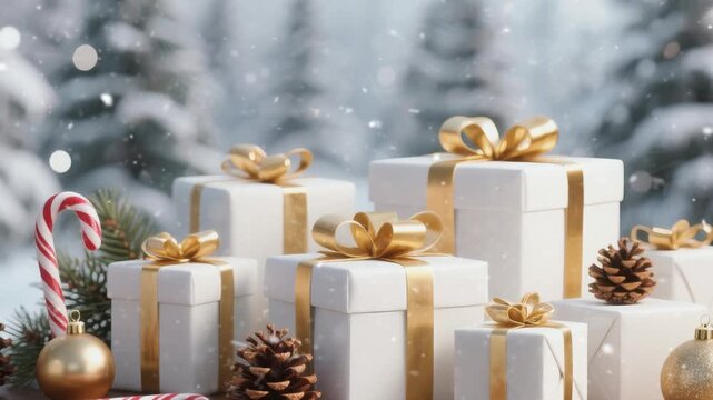 Festive Christmas scene featuring wrapped gifts surrounded by decorations like pine cones, candy canes, and ornaments. Perfect for holiday themes and merry celebrations.