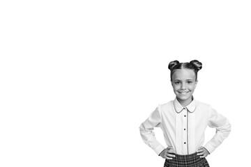 Composite photo collage of happy schoolgirl wear uniform hairdo buns back study autumn fall education isolated on painted background